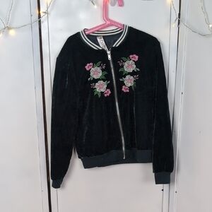 Beautees Black Bomber Jacket with Pink Floral Accents